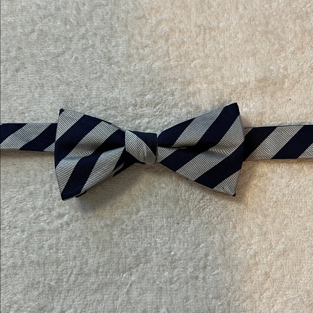 Stylish Boys Silver and Navy Striped Bow Tie, OS Adjustable Sizing (14 1/2 - 20)